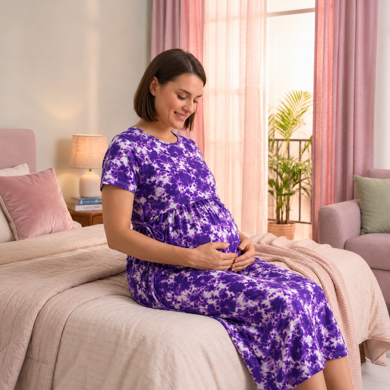 Violet camouflage maternity nightwear in a soft bedroom